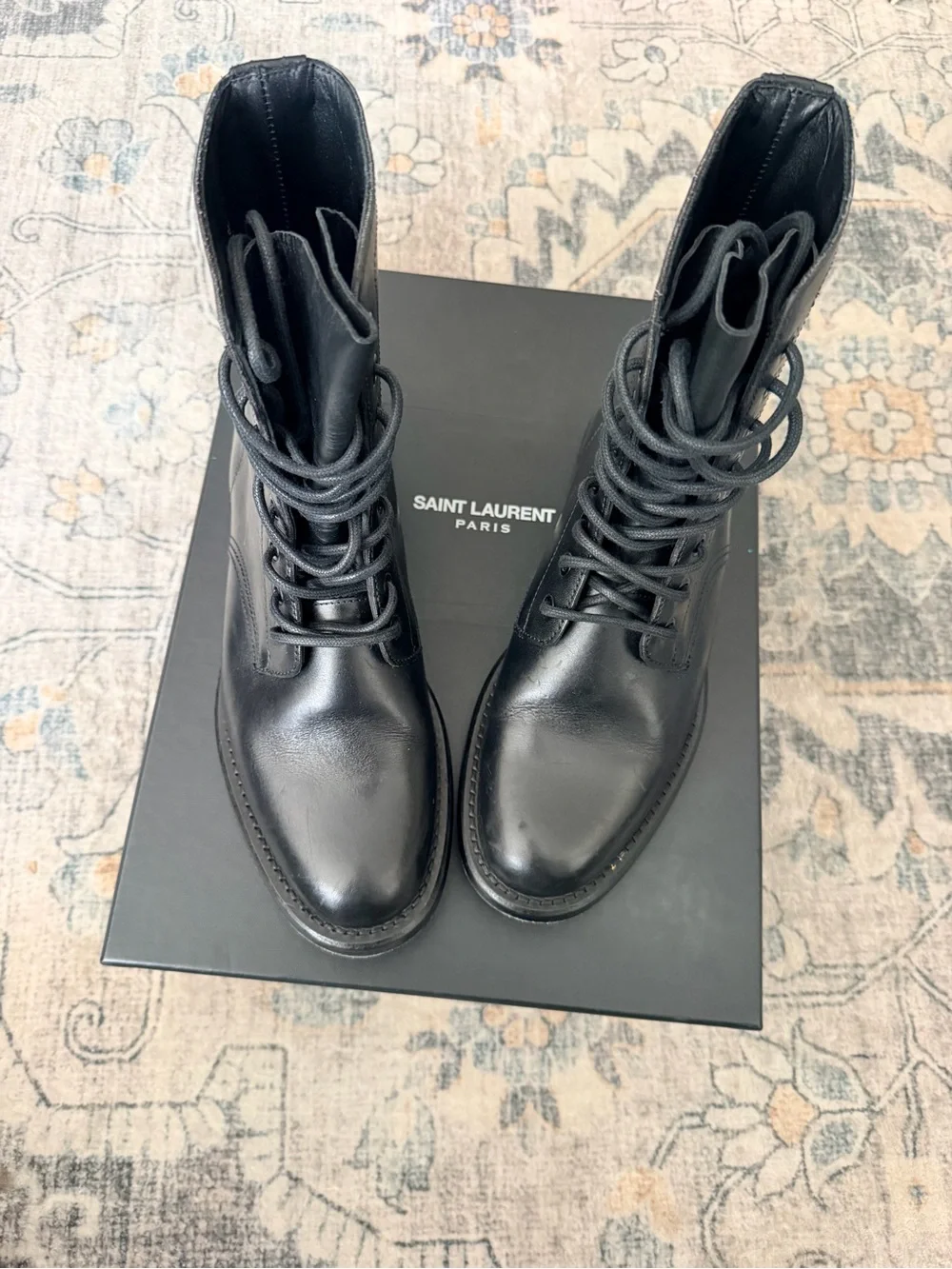 Saint Laurent Black Leather Lace-Up Military Boots - Picture 1 of 9